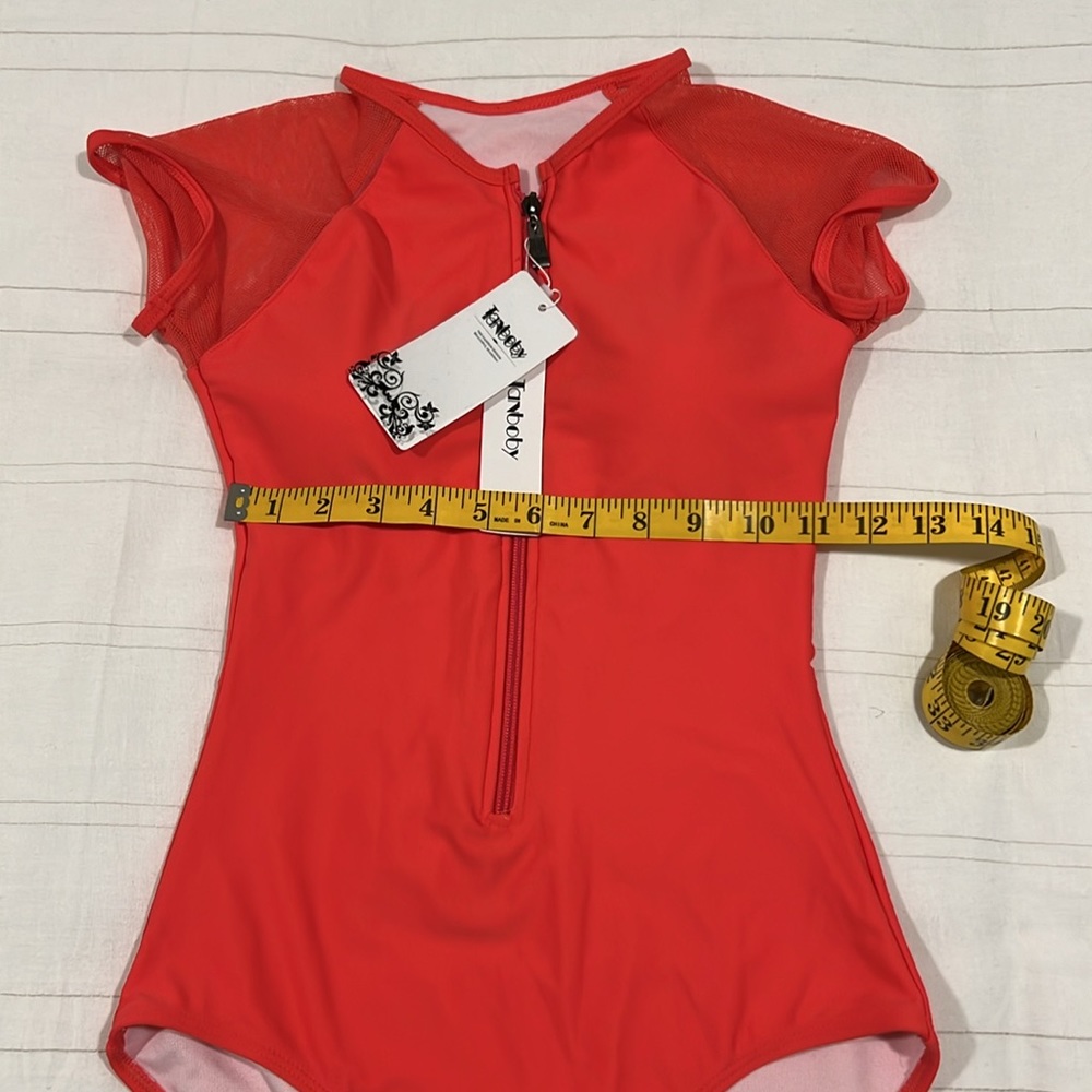 Coral/Pink Swimsuit One Piece Mesh Cap Sleeves Front Zipper Built In Bra - Picture 12 of 12